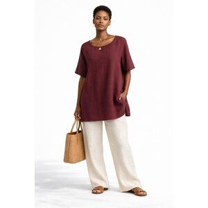 Bryn Walker 100% Linen Tunic Top Women’s L Burgundy Relaxed Oversized Made USA